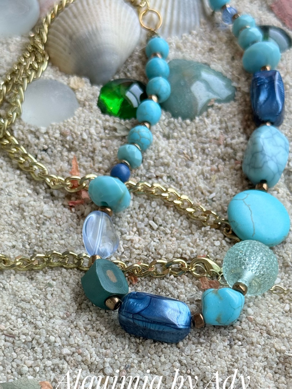 Blue Hues Chunky Extra Long Gold Necklace With Crystal Beads